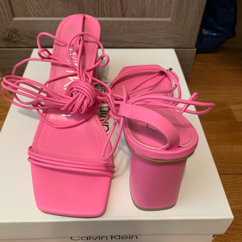 Calvin Klein Calista strappy lace-up block heel sandals pink 9.5